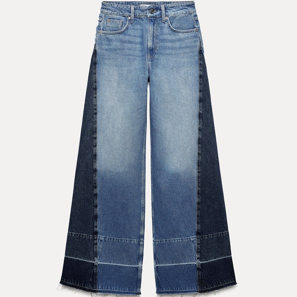 Zara Z1975 Contrast Mid Waist Wide Leg Blue Two-Tone Jeans sz 4